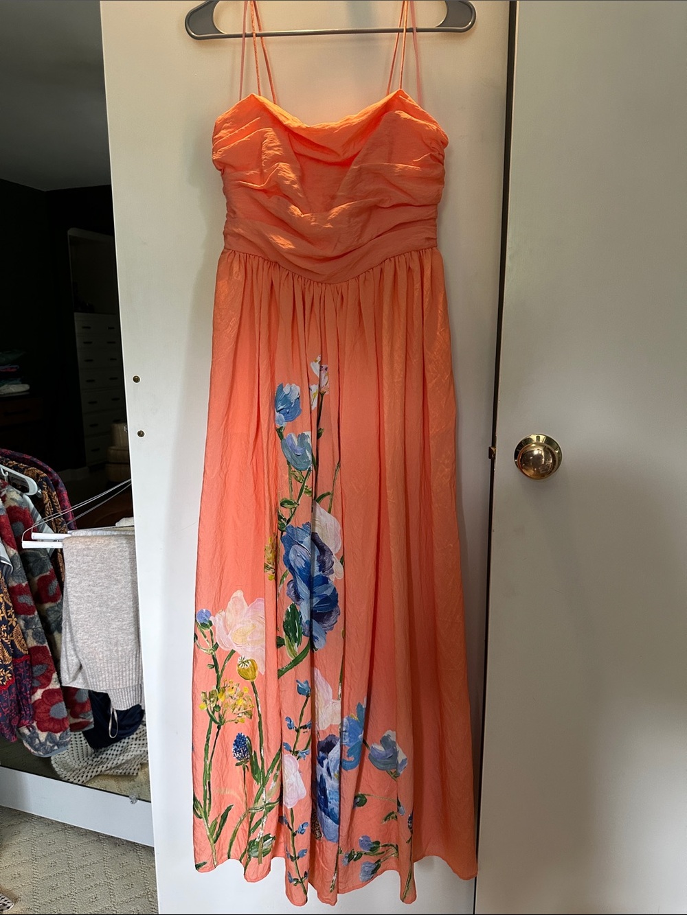 Anthropologie Coral Strap Spaghetti-Strap Maxi with Blue Floral Print